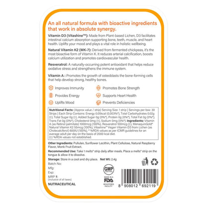 Wellbeing Nutrition Melts Vitamin D3 K2 MK-7 with Organic Coconut Oil, Astaxanthin, Vegan for Immunity, Heart, Muscle, Bone - 30 Oral Strips