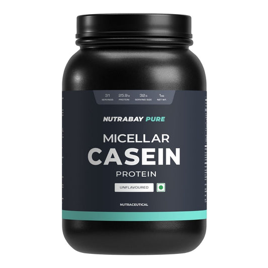 Nutrabay Pure 100 Micellar Casein Protein 1Kg Unflavoured: 25.9G Protein, 5.5G BCAA, Slow Digesting, Anti-Catabolic, Builds Lean Muscle, Aids Recovery.