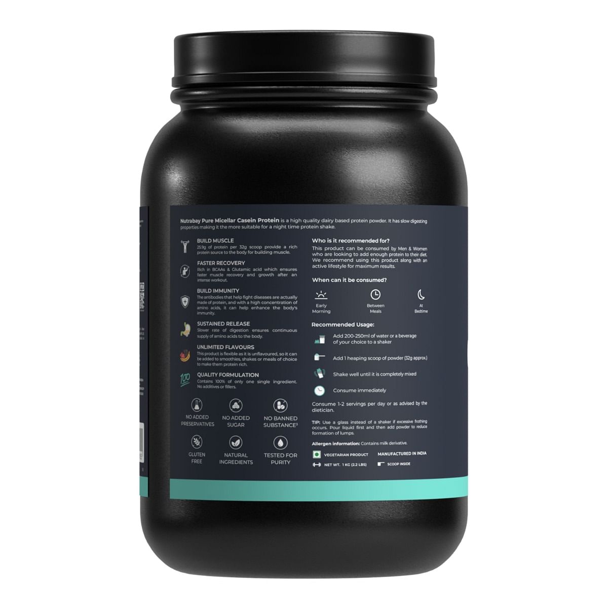 Nutrabay Pure 100 Micellar Casein Protein 1Kg Unflavoured: 25.9G Protein, 5.5G BCAA, Slow Digesting, Anti-Catabolic, Builds Lean Muscle, Aids Recovery.