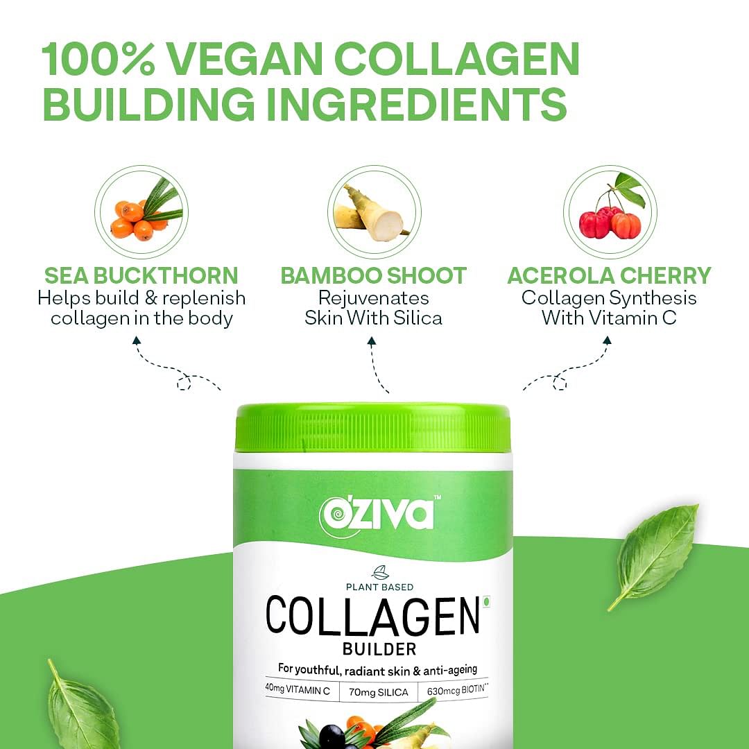 OZiva Plant Based Collagen Builder for Glowing Skin, with Biotin, Silica, Vitamin C, Berry Orange flavor.