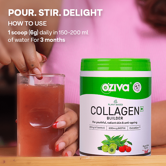 Oziva Plant Based Collagen Builder 250g  Berry Orange Flavour  Vitamin C  Biotin  Collabzen  Skin  Anti Ageing