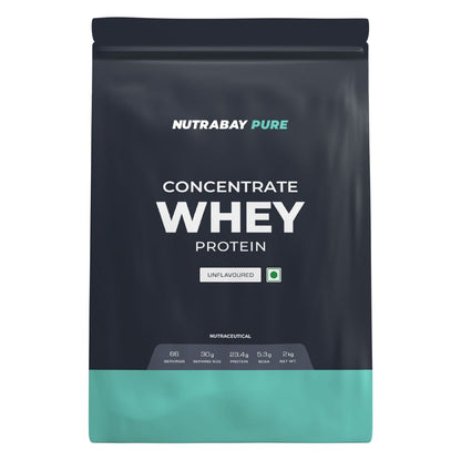 Nutrabay Pure Whey Protein Concentrate 2kg  66 Servings Unflavoured  23.4g Protein  Build Muscle  Fast Recovery