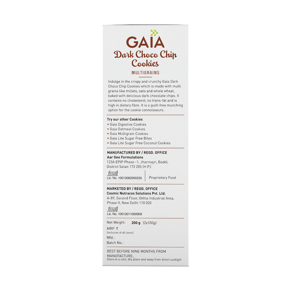 Gaia Dark Choco Chip Cookies 200g