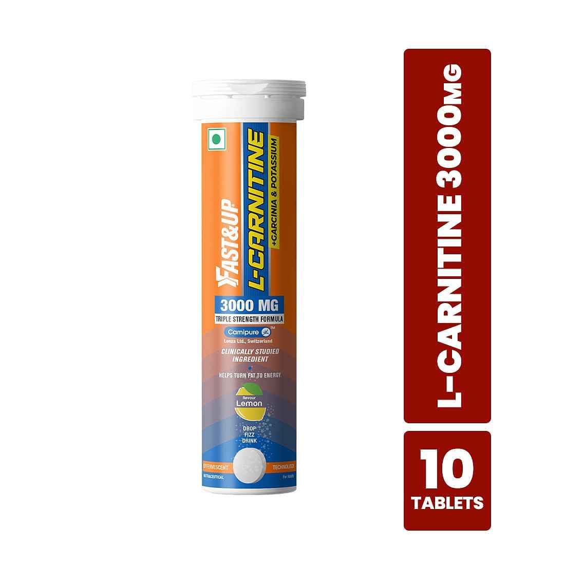 FASTUP L-Carnitine Tartrate 3000mg, 10 Effervescent Tablets, Lemon Flavor, boosts energy, converts fat, with Garcinia and potassium.