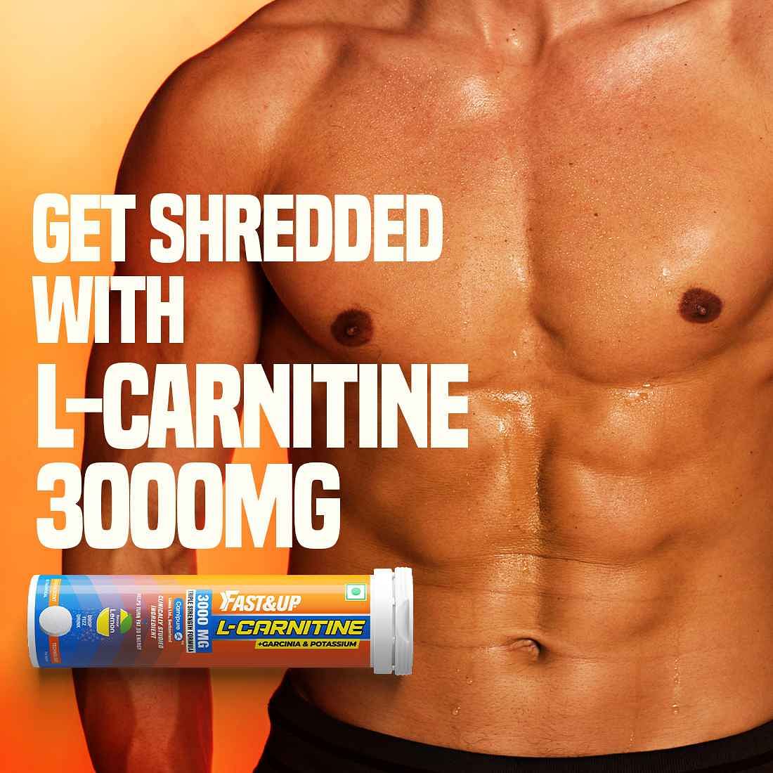 FASTUP L-Carnitine Tartrate 3000mg, 10 Effervescent Tablets, Lemon Flavor, boosts energy, converts fat, with Garcinia and potassium.