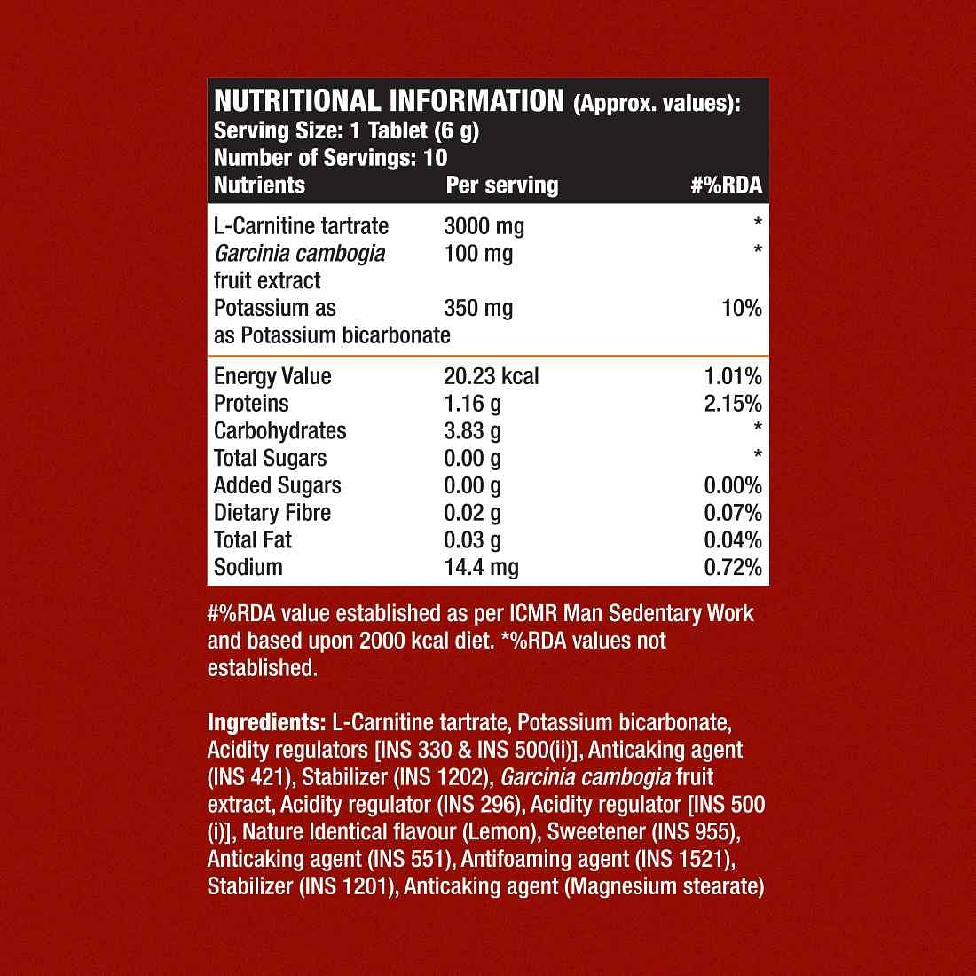 FASTUP L-Carnitine Tartrate 3000mg, 10 Effervescent Tablets, Lemon Flavor, boosts energy, converts fat, with Garcinia and potassium.