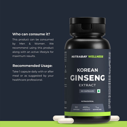 Nutrabay Wellness Korean Ginseng Extract Panax Ginseng  Support Vitality Stamina Energy Mental Health  Performance - 400Mg 60 Veg Capsules