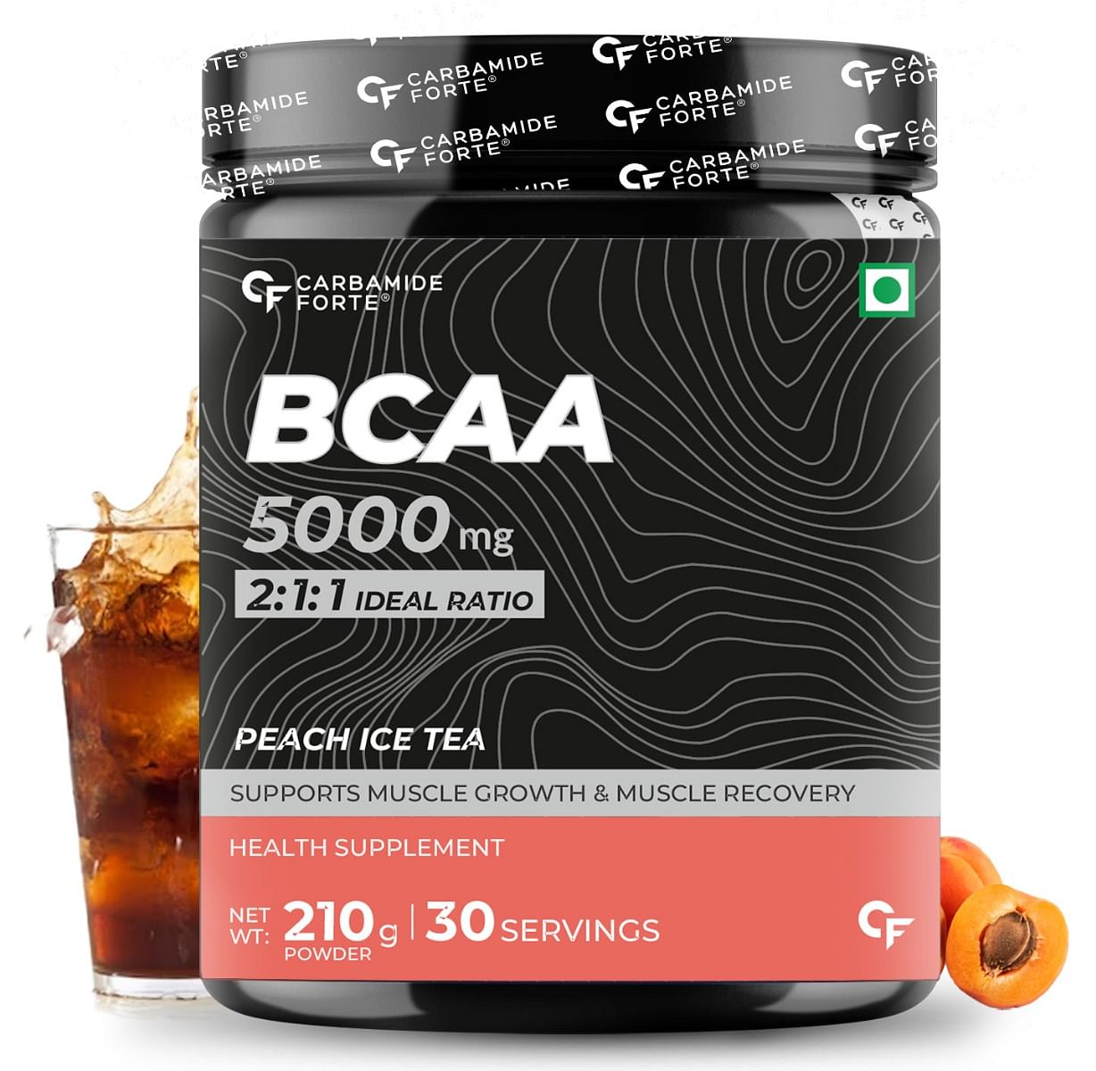 Carbamide Forte BCAA 5000mg Supplement, 7g Serving, 2:1:1 Ratio, Muscle Growth & Recovery, Peach Ice Tea Flavour, 210g.