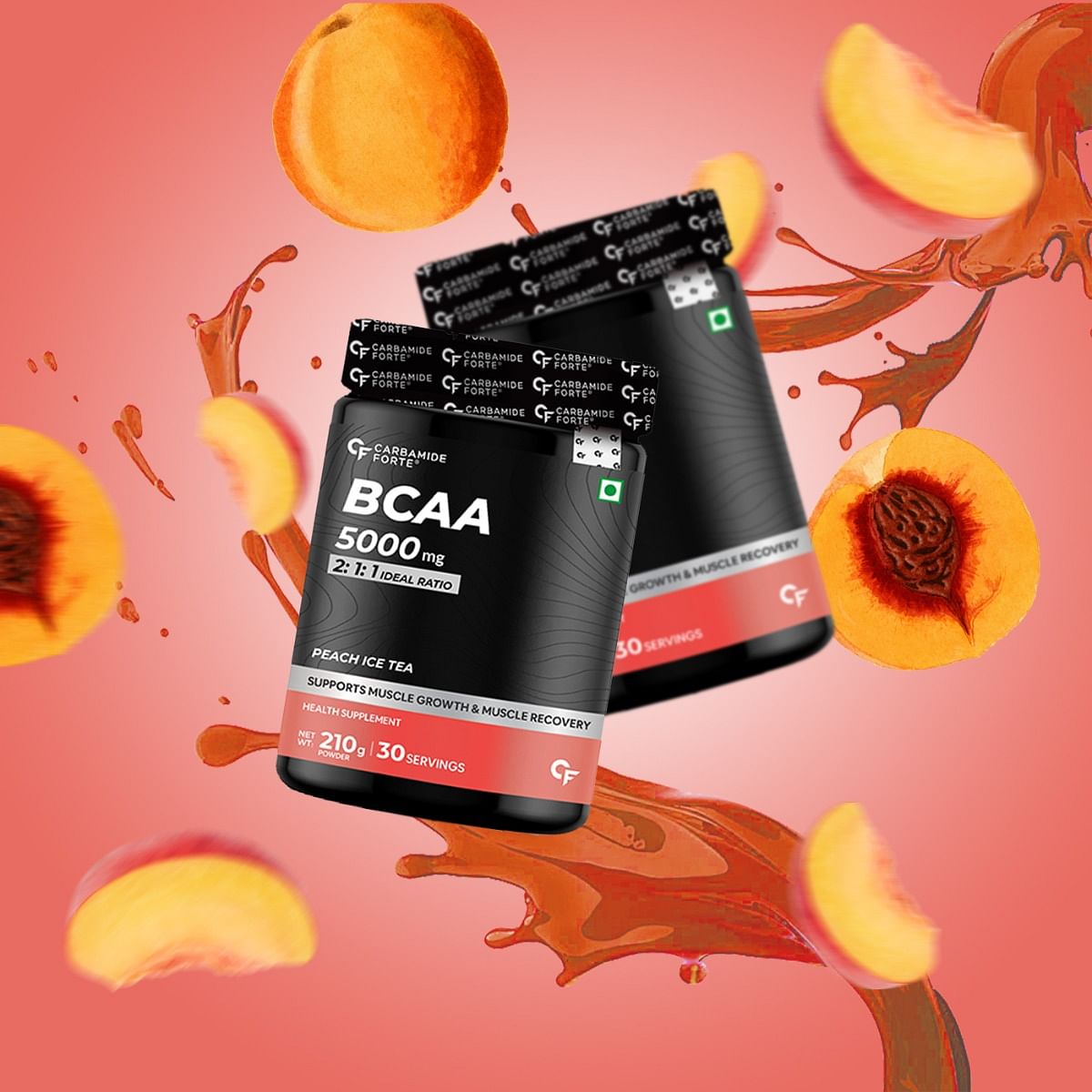 Carbamide Forte BCAA 5000mg Supplement, 7g Serving, 2:1:1 Ratio, Muscle Growth & Recovery, Peach Ice Tea Flavour, 210g.