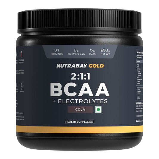 Nutrabay Gold BCAA 211 with Electrolytes - 5g Vegan BCAAs PrePost Workout Energy Drink - 250g Cola