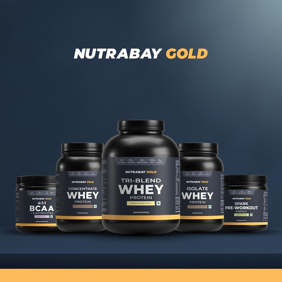 Nutrabay Gold Tri Blend Whey Protein Powder Hydrolyzed Isolate  Concentrate - 25g Protein 5.5g BCAA - 2Kg Kesar Badam Pista