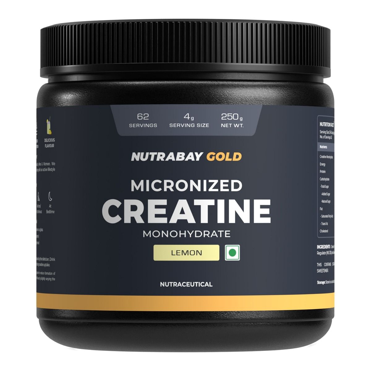 Nutrabay Gold Micronised Creatine Monohydrate 250g  62 Serving  Lemon Flavor  Greater Strength