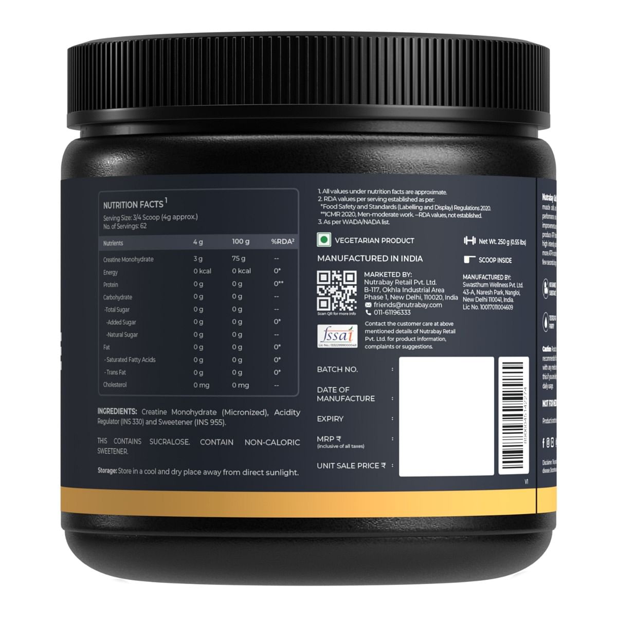 Nutrabay Gold Micronised Creatine Monohydrate 250g  62 Serving  Lemon Flavor  Greater Strength