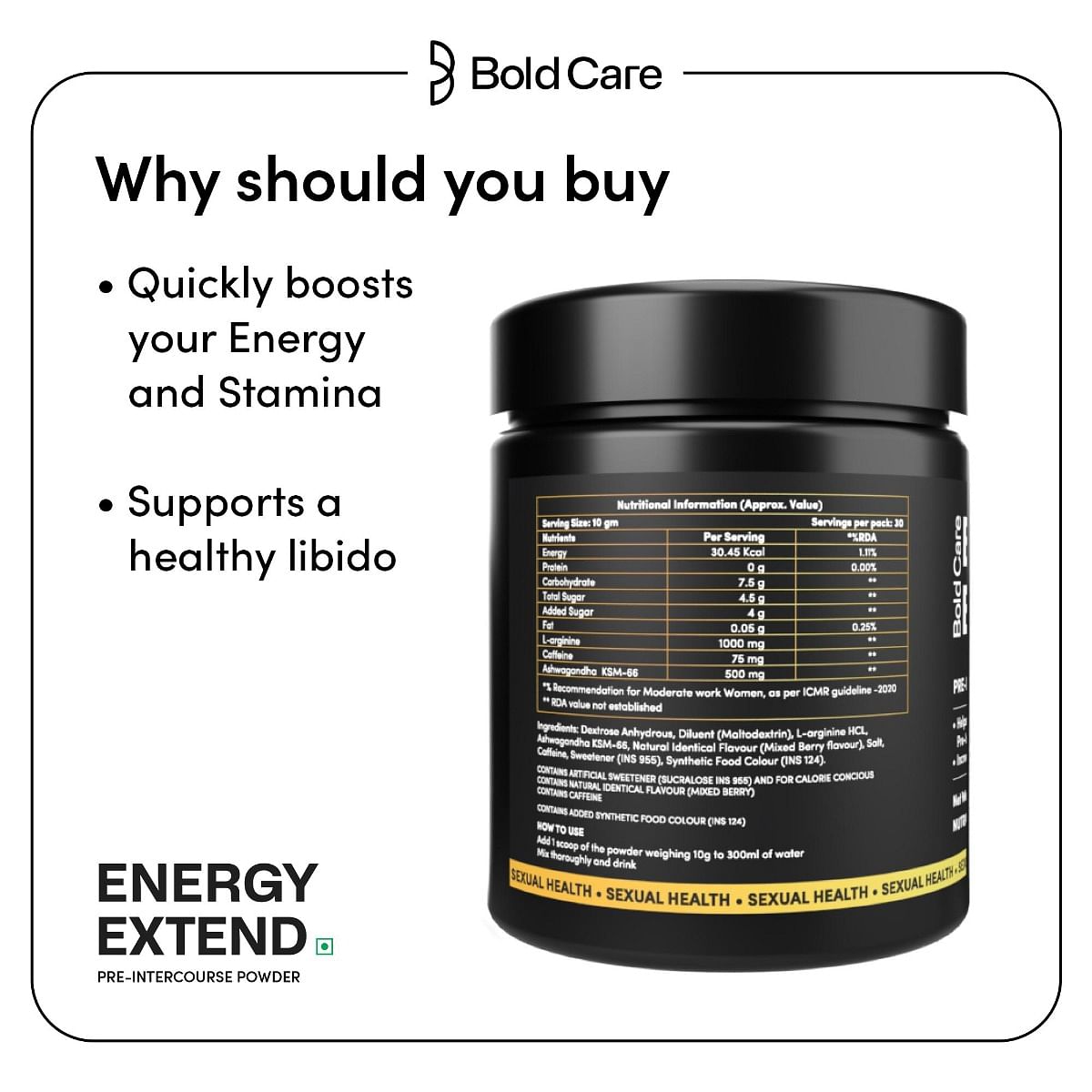 Bold Care Energy Extend Elixir - Pre-intercourse Powder Quickly Boosts Energy Level Increases Blood Flow to Vital Organs Mixed Berry Flavour