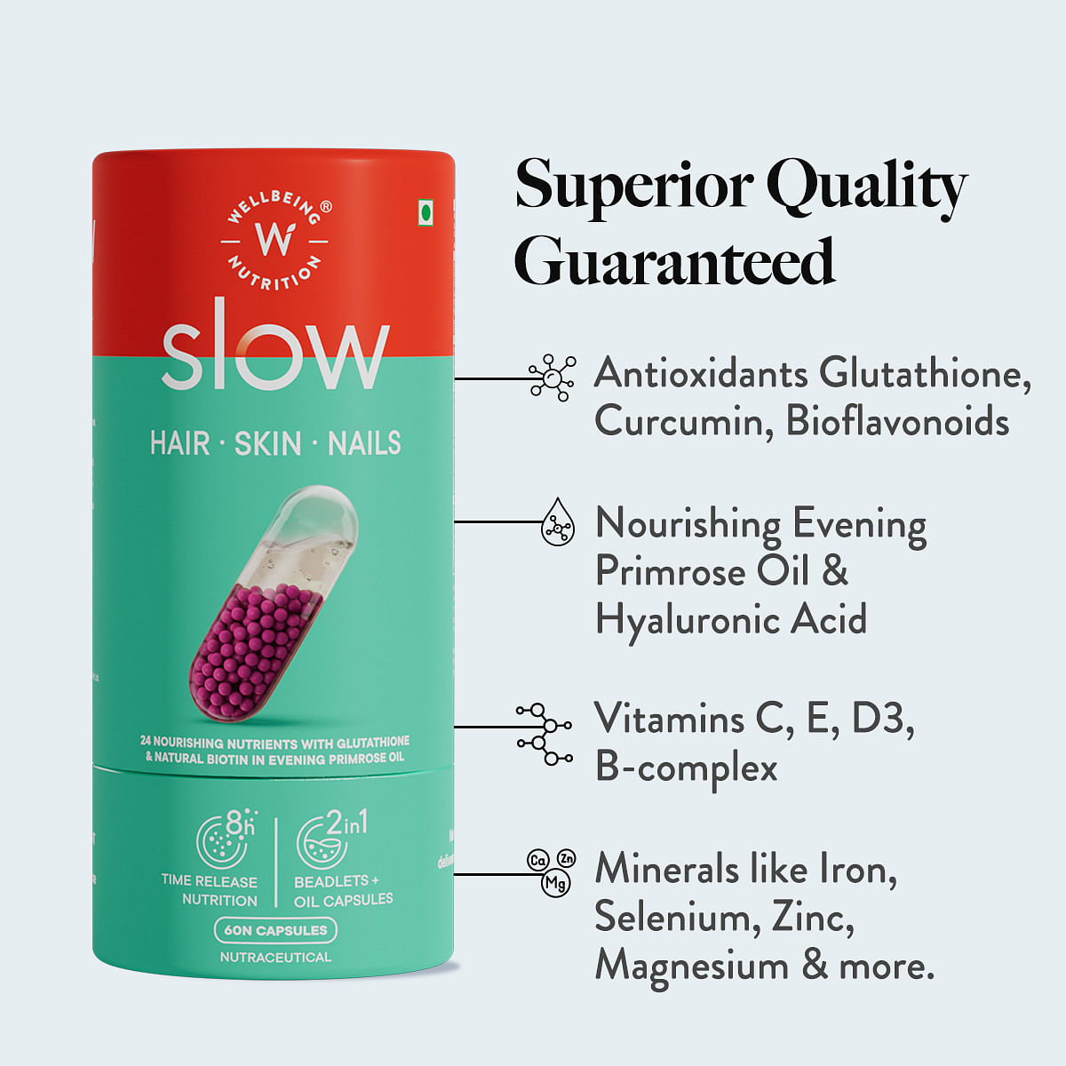 Wellbeing Nutrition Slow Skin Hair Nails Capsules: Vitamins with Glutathione, Hyaluronic Acid, Biotin for glowing skin, hair growth, strong nails. 60 Caps