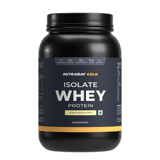 Nutrabay Gold 100 Whey Protein Isolate, 26g Protein, Digestive Enzymes, Vitamins, Minerals, Kesar Badam Pista, 1kg for Muscle Support & Recovery.