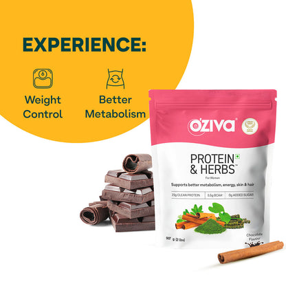 Oziva Protein & Herbs for Women: Ayurvedic Shatavari, Giloy, Curcumin, Multivitamins for Metabolism, Skin, Hair. Chocolate 1Kg.