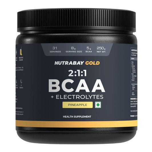 Nutrabay Gold BCAA 211 with Electrolytes - 5g Vegan BCAAs PrePost Workout Energy Drink - 250g Pineapple