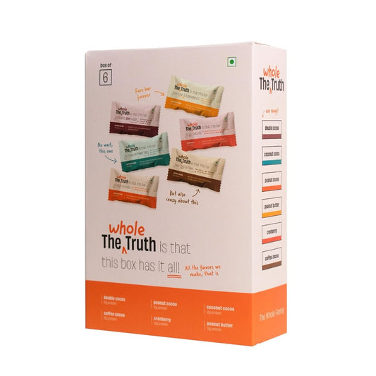 The Whole Truth - Protein Bars  All-in-One  Pack of 6 x 52 g each  No Added Sugar  No Preservatives  No Artificial Sweeteners  No Gluten or Soy  All Natural Ingredients  Six Different Flavours