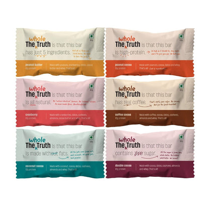 The Whole Truth Protein Bars, Pack of 6 (52g each), No Added Sugar, Preservatives, Artificial Sweeteners, Gluten, or Soy. All Natural, 6 Flavours.