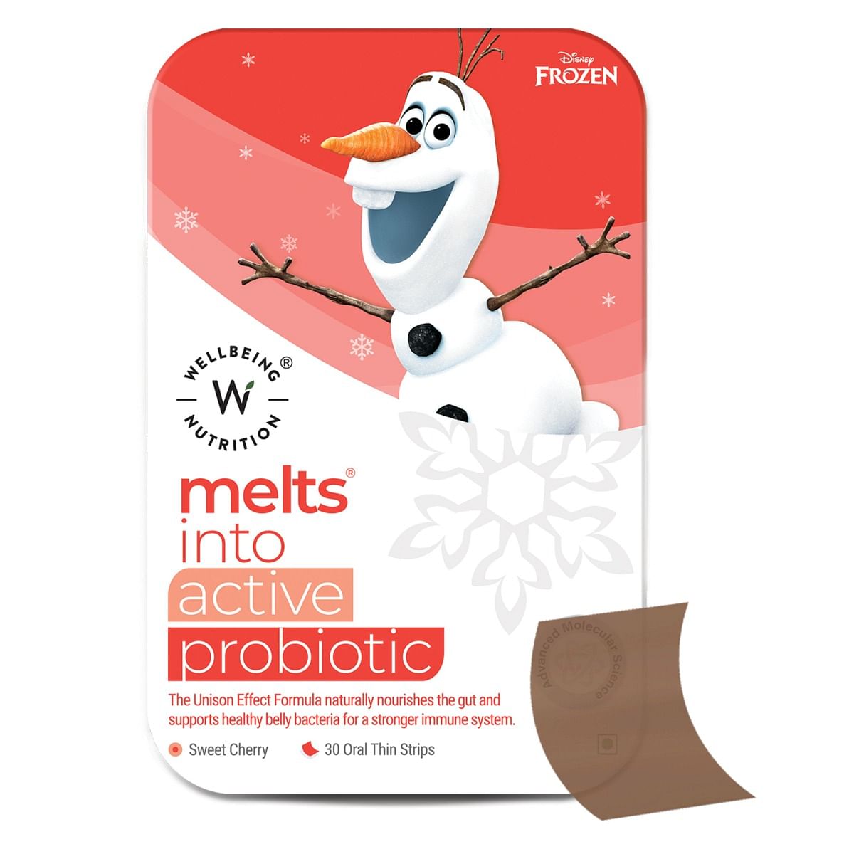 Wellbeing Nutrition Frozen Olaf Melts Kids Probiotic Prebiotic Vitamin C D3, Natural, Sweet Cherry, 30 Oral Strips