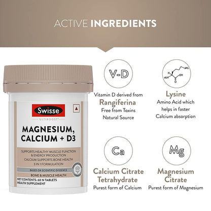 Swisse Ultiboost Magnesium CalciumD3 Supports Healthy Muscle Function  Energy Production Calcium Supports Bone Health 3 In 1 Formulation - 60 Tablets