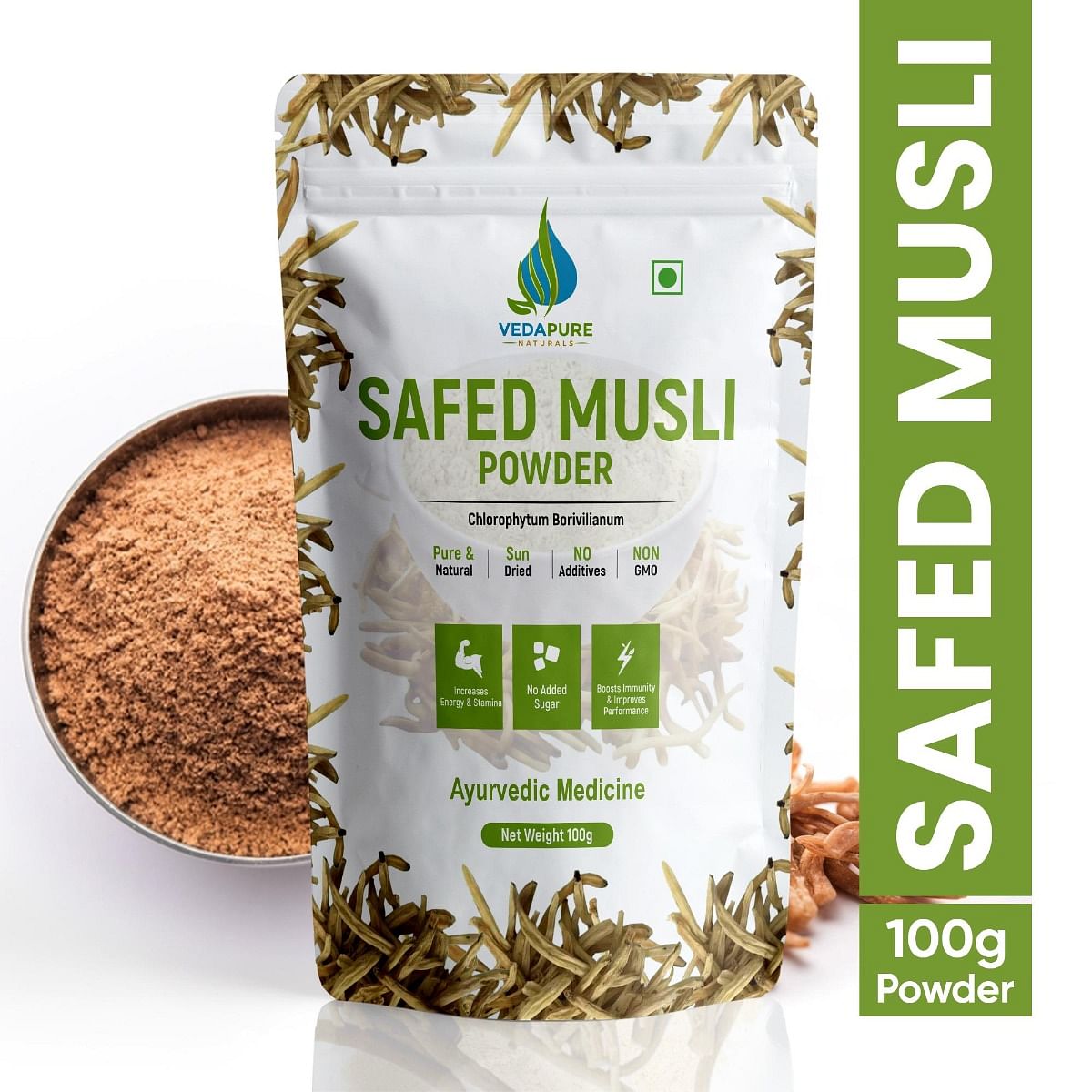 VEDAPURE Safed Musli Powder Supports Muscle Mass Sports Performance Bones  Joints Boosts Energy Immunity  Stamina Health  Vitality - 100gm Pack of 1