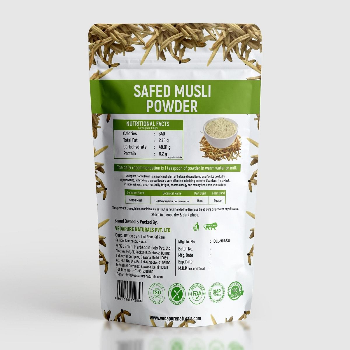 VEDAPURE Safed Musli Powder Supports Muscle Mass Sports Performance Bones  Joints Boosts Energy Immunity  Stamina Health  Vitality - 100gm Pack of 1