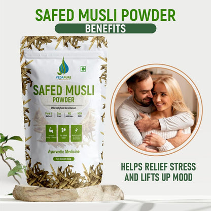 VEDAPURE Safed Musli Powder Supports Muscle Mass Sports Performance Bones  Joints Boosts Energy Immunity  Stamina Health  Vitality - 100gm Pack of 1