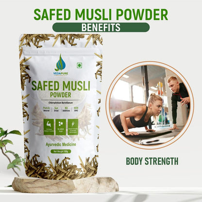 VEDAPURE Safed Musli Powder Supports Muscle Mass Sports Performance Bones  Joints Boosts Energy Immunity  Stamina Health  Vitality - 100gm Pack of 1