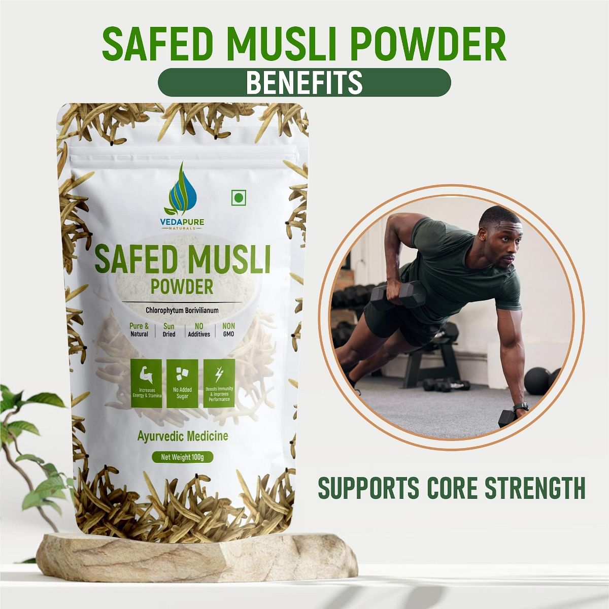 VEDAPURE Safed Musli Powder Supports Muscle Mass Sports Performance Bones  Joints Boosts Energy Immunity  Stamina Health  Vitality - 100gm Pack of 1