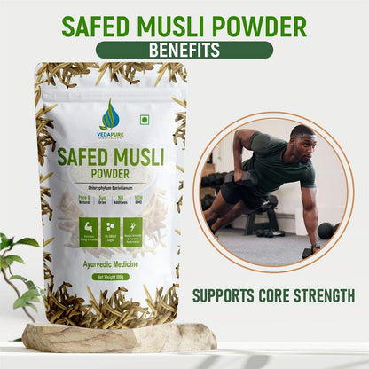 VEDAPURE Safed Musli Powder Supports Muscle Mass Sports Performance Bones  Joints Boosts Energy Immunity  Stamina Health  Vitality - 100gm Pack of 1