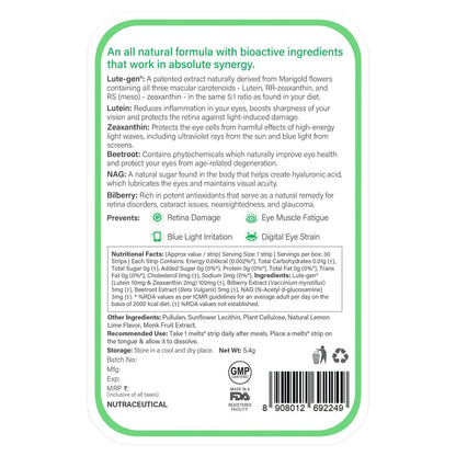 Wellbeing Nutrition Eye Care Vitamins with Lutemax 2020 Lutein, Zeaxanthin, Bilberry, Beetroot. Prevents Blue Light Damage. 30 Oral Strips