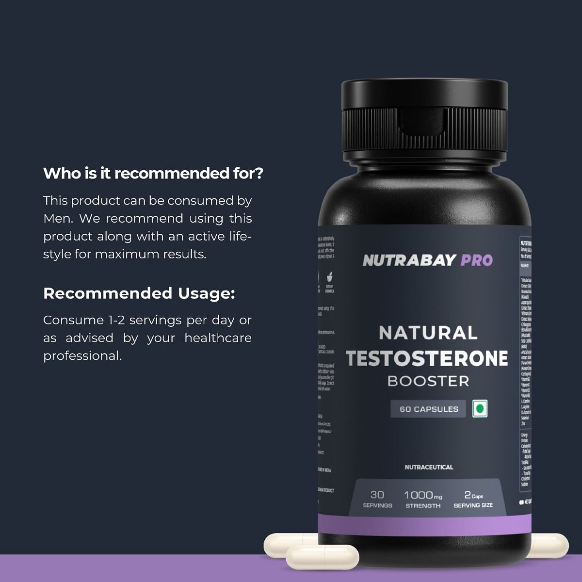 Nutrabay Pro Natural Testosterone Booster  Natural Testosterone Support For Energy Performance Stamina  Muscle Growth - 1000Mg 60 Veg Capsules