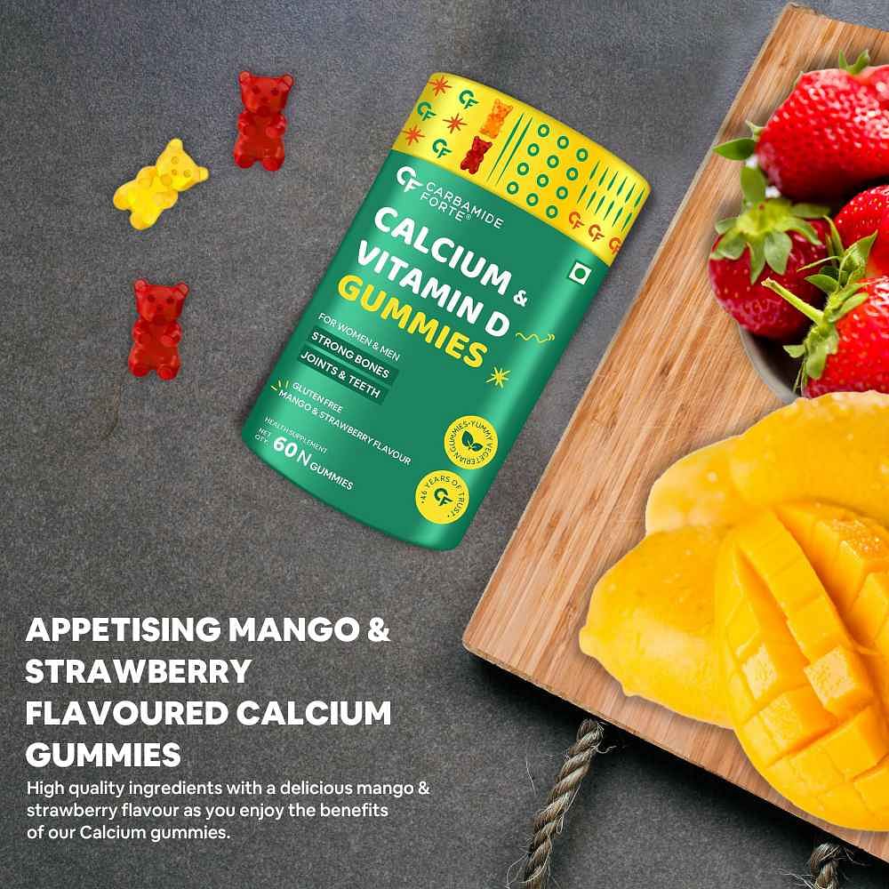 Carbamide Forte Calcium with Vitamin D Gummies for Men & Women - Stronger Bones, Joints, Teeth, Immunity - Mango & Strawberry - 60 Veg Gummies