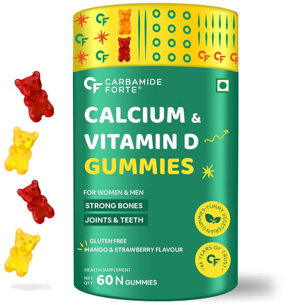 Carbamide Forte Calcium with Vitamin D Gummies for Men & Women - Stronger Bones, Joints, Teeth, Immunity - Mango & Strawberry - 60 Veg Gummies