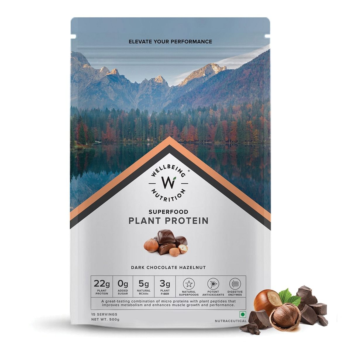 Wellbeing Nutrition Plant Protein 500gm  15 Serving  Dark Chocolate Hazelnut  22g Protein  Muscle Growth  Repair