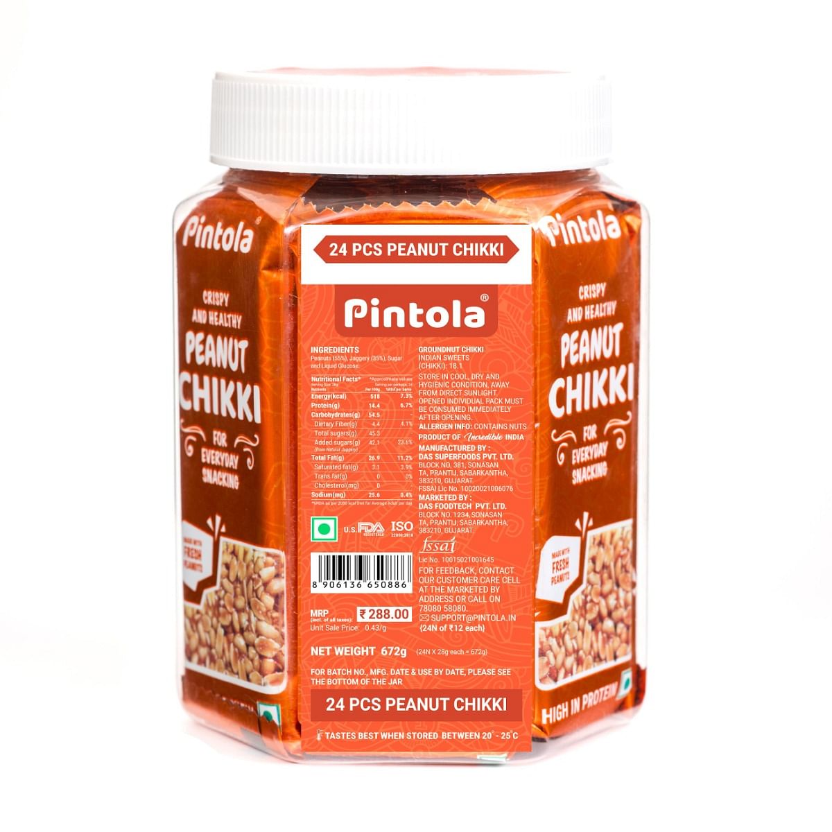 Pintola Peanut Chikki Jar Gajak - Pack of 24 pcs 100 Natural Peanut Chikki Jaggery No Preservatives Gluten Free High in Protein Indian Sweets Nutritious Chikki 28g Each x 24N  672g