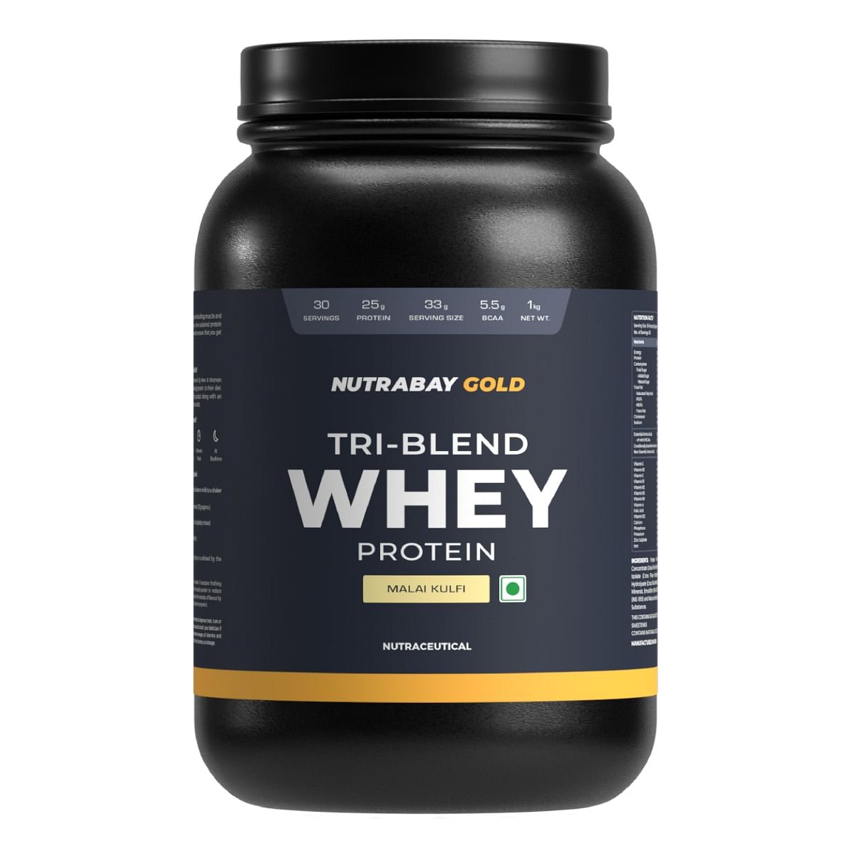 Nutrabay Gold Tri Blend Whey Protein Powder Hydrolyzed Isolate  Concentrate - 25g Protein 5.5g BCAA - 1Kg Malai Kulfi