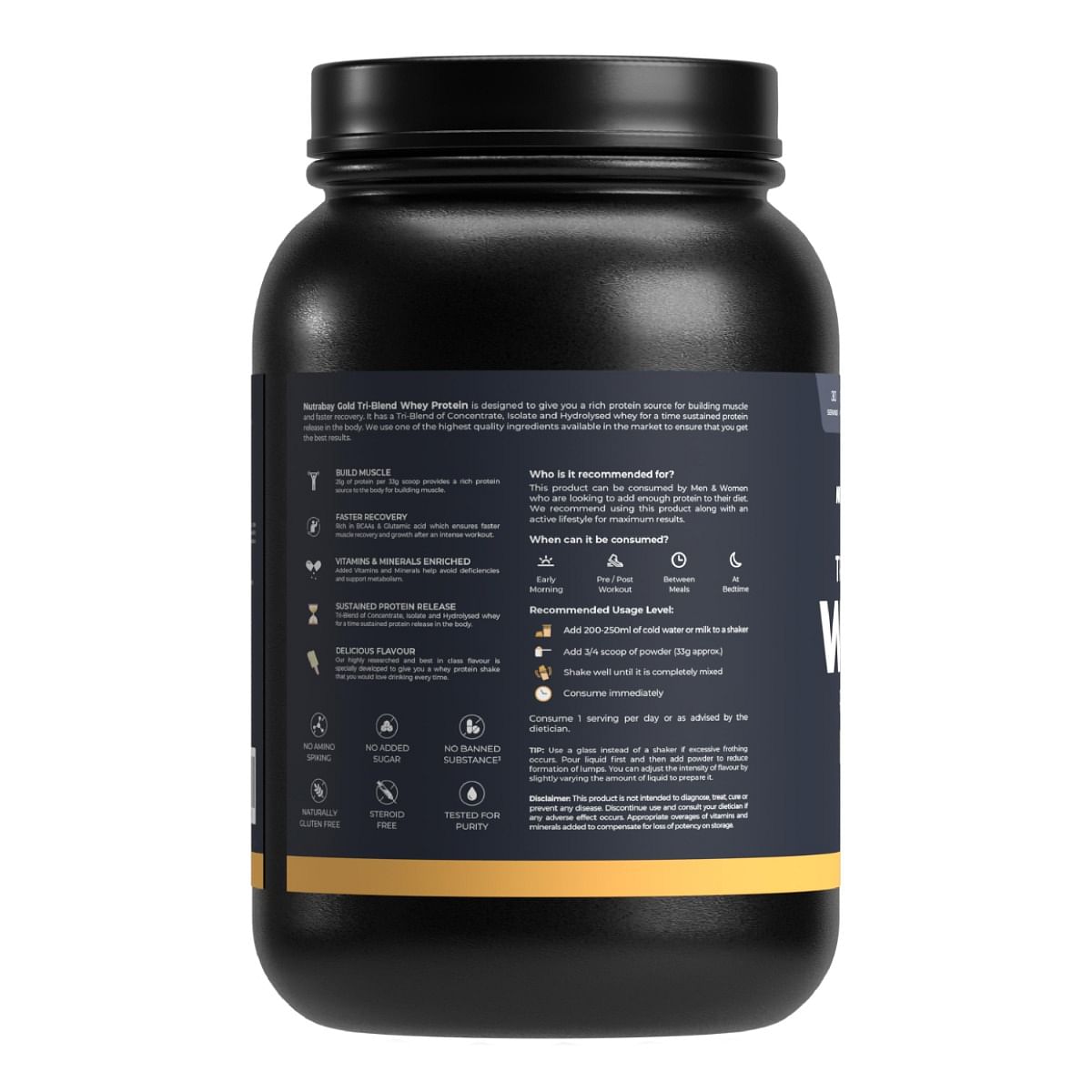 Nutrabay Gold Tri Blend Whey Protein Powder Hydrolyzed Isolate  Concentrate - 25g Protein 5.5g BCAA - 1Kg Malai Kulfi