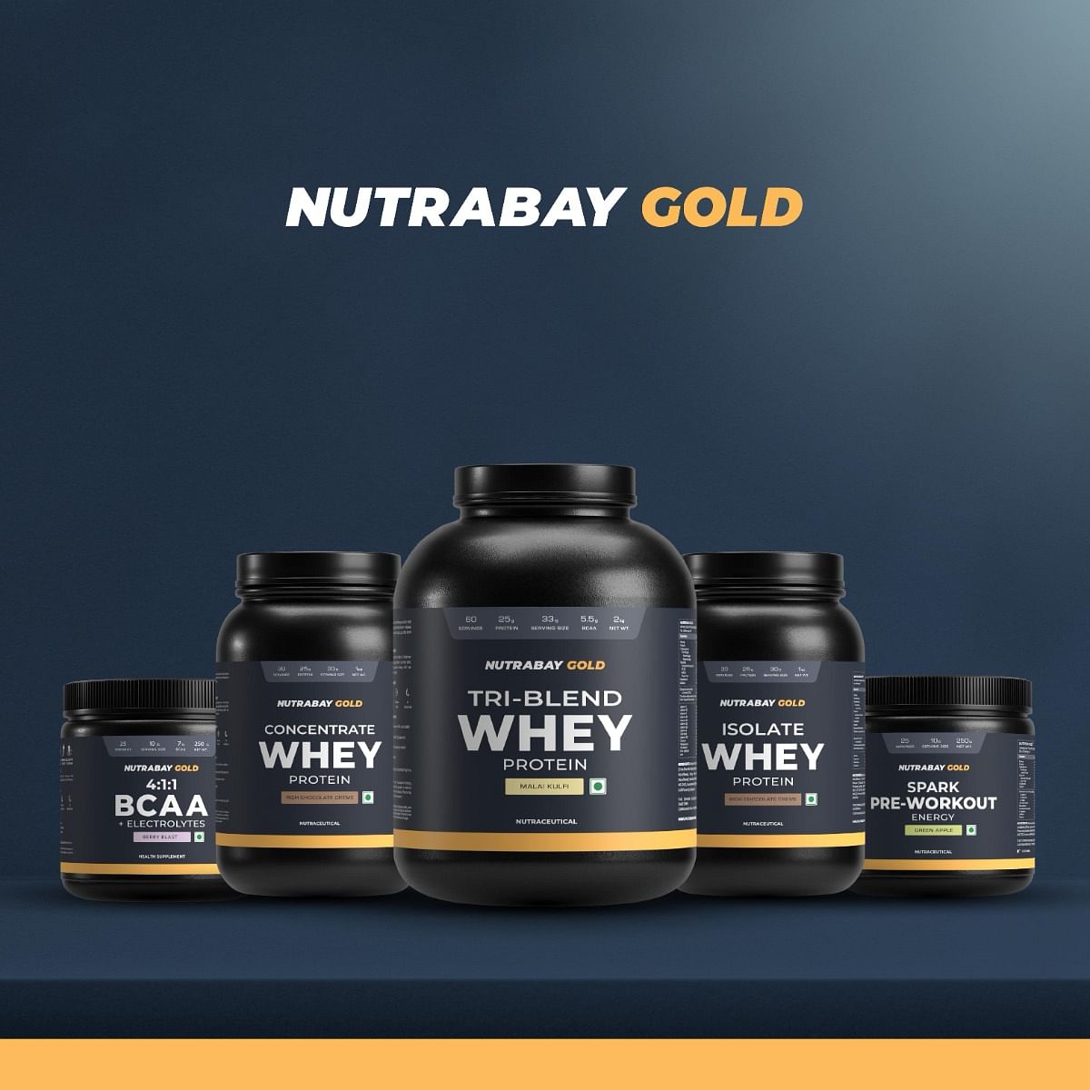 Nutrabay Gold Tri Blend Whey Protein Powder Hydrolyzed Isolate  Concentrate - 25g Protein 5.5g BCAA - 1Kg Malai Kulfi