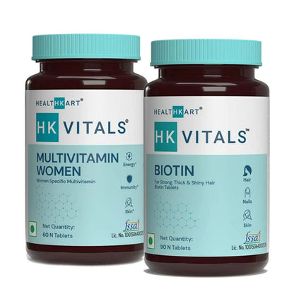HealthKart HK Vitals Biotin 10000 mcg for Hair Skin  Nails Health 90 Biotin Tablets and Multivitamin for Women with Ginseng Extract Taurine and Multiminerals 60 Multivitamin Tablets Combo Pack