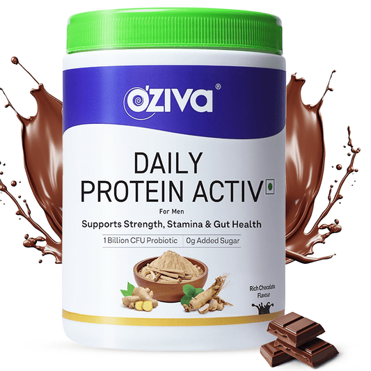 Oziva Daily Protein Activ for Men: Stamina, Energy, Muscular Health with Clean Protein, Ashwagandha, Probiotics, Chocolate 300G.