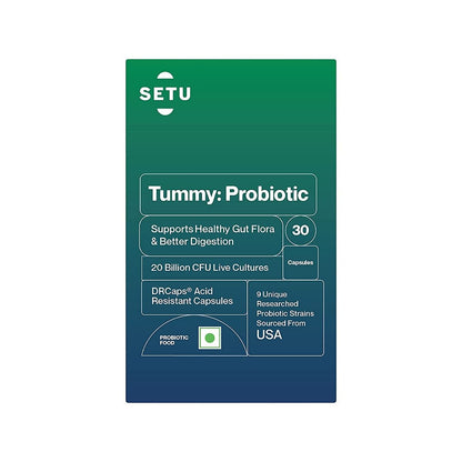 Setu Tummy Probiotic - 30 Capsules, 9 strains, 20 Billion CFUs, Lactobacillus, Bifidobacterium, Better Immunity, Gut Health, Reduced Gas.