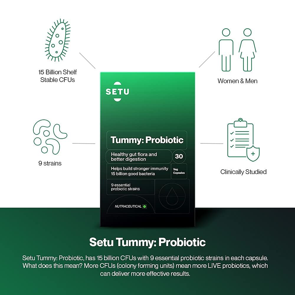 Setu Tummy Probiotic - 30 Capsules, 9 strains, 20 Billion CFUs, Lactobacillus, Bifidobacterium, Better Immunity, Gut Health, Reduced Gas.