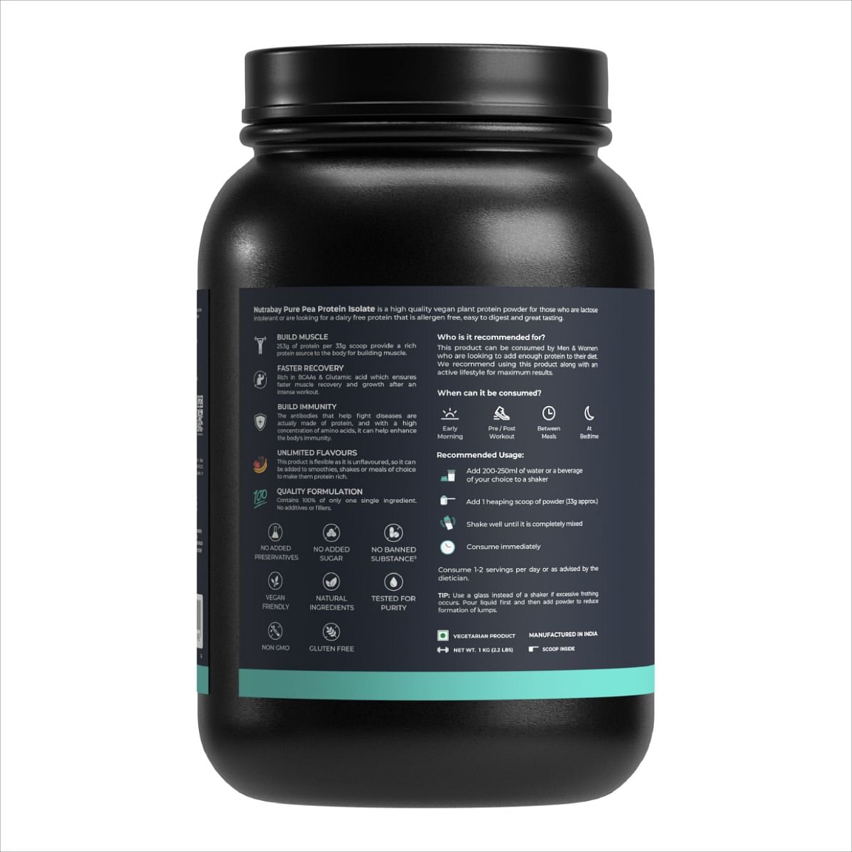 Nutrabay Pure Pea Protein Isolate 1kg  30 Servings  25.3g Protein  Unflavoured  Build Muscle  Fast Recovery