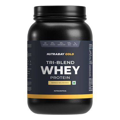 Nutrabay Gold Tri Blend Whey Protein Powder Hydrolyzed Isolate  Concentrate - 25g Protein 5.5g BCAA - 1Kg Mango Milkshake