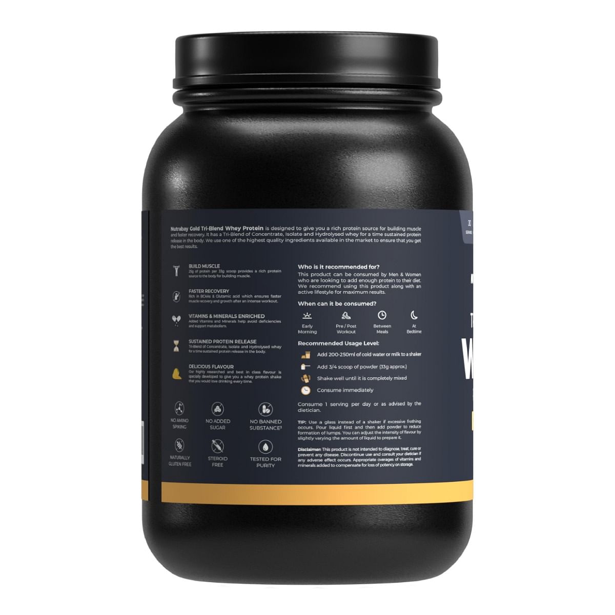 Nutrabay Gold Tri Blend Whey Protein Powder Hydrolyzed Isolate  Concentrate - 25g Protein 5.5g BCAA - 1Kg Mango Milkshake