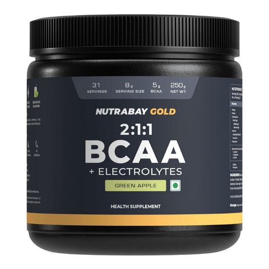 Nutrabay Gold BCAA 211 with Electrolytes - 5g Vegan BCAAs PrePost Workout Energy Drink - 250g Green Apple