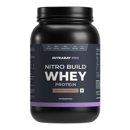 Nutrabay Pro Nitro Build Whey Protein 30g, 3g Creatine, 6.4g BCAA, Muscle Growth, Recovery, Gym Supplement, 1Kg Rich Milk Chocolate.